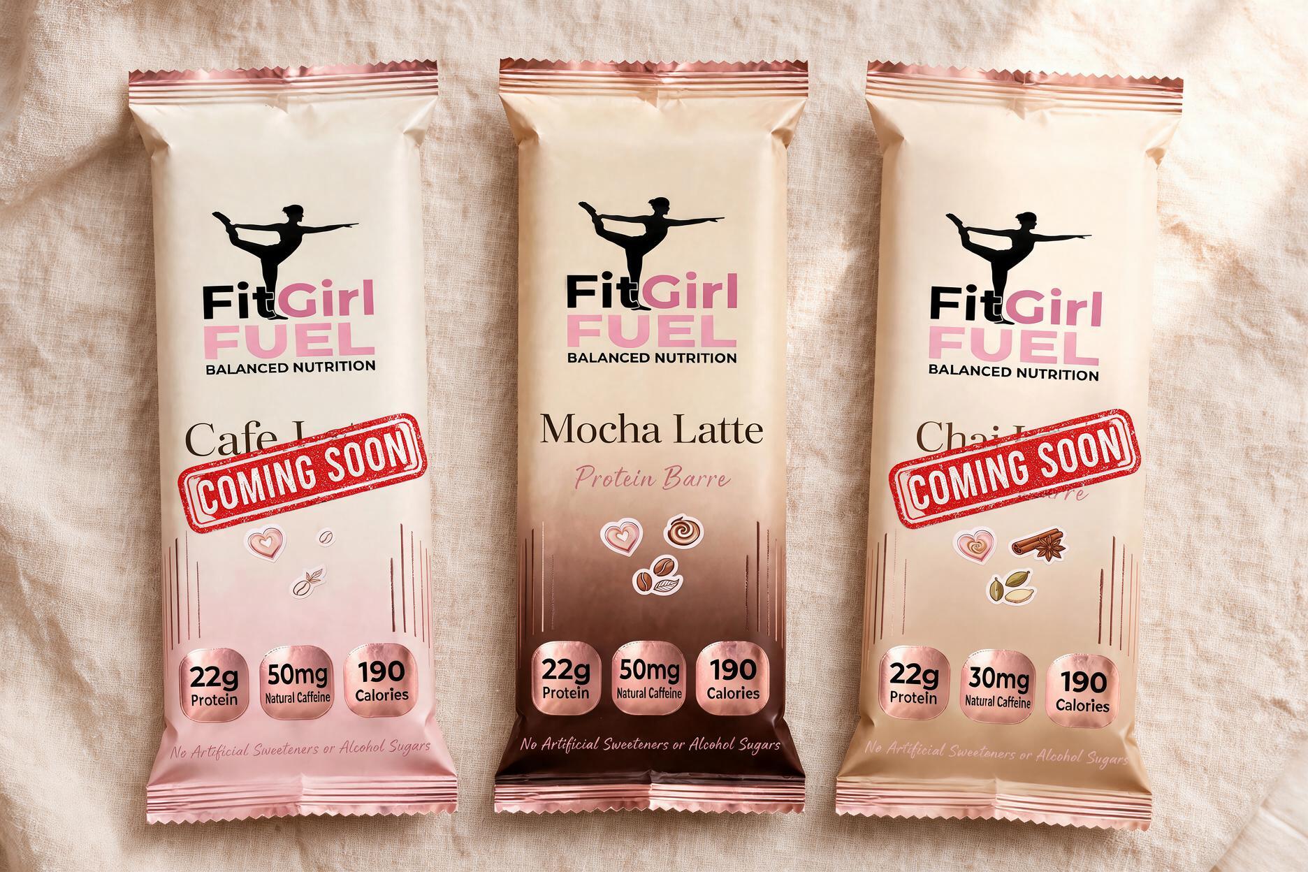 All three FitGirl Fuel flavors: Cafe Latte, Mocha Latte, and Chai Latte protein bars